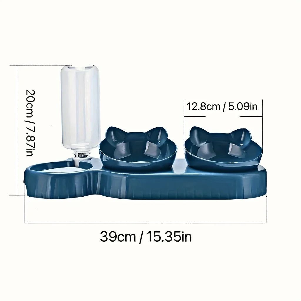 Pet Bowls With Water Feeder, 3 In 1 Ear Design Tilted Cat Water And Food Bowl Set With Gravity Water Bottle