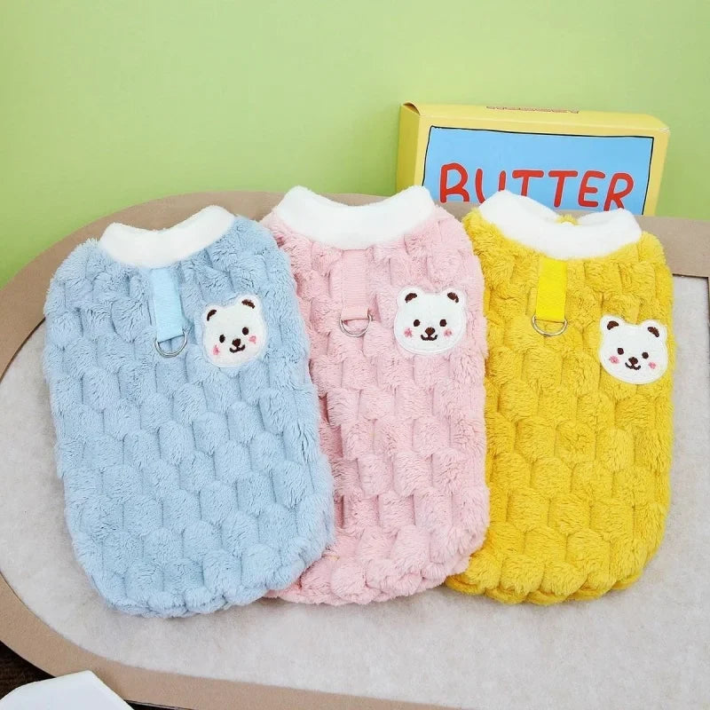 Winter Cat Dog Clothes with Buckle Sweet Bear Print Pet Plush Sweater for Small Dogs Pomeranian Chihuahua