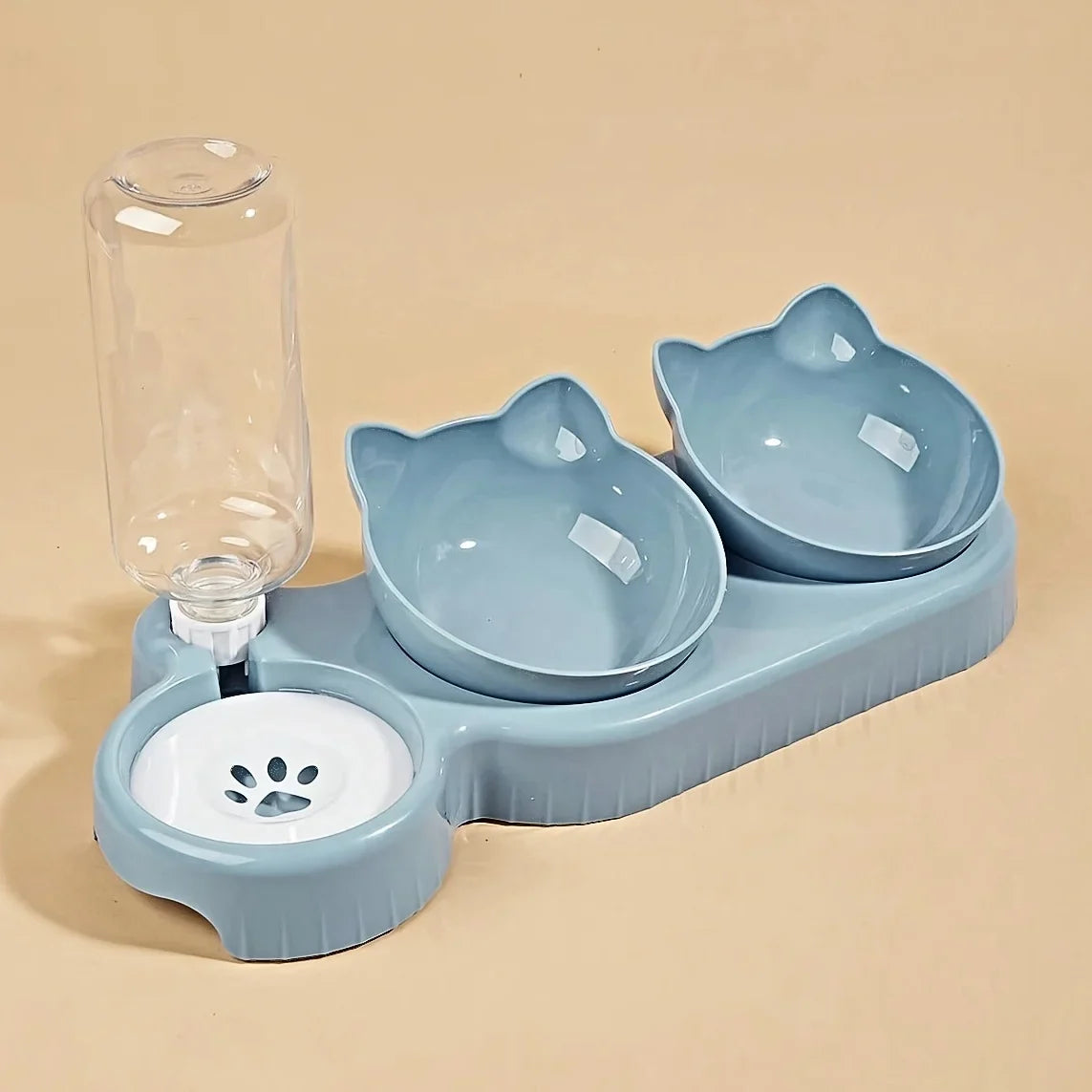 Pet Bowls With Water Feeder, 3 In 1 Ear Design Tilted Cat Water And Food Bowl Set With Gravity Water Bottle