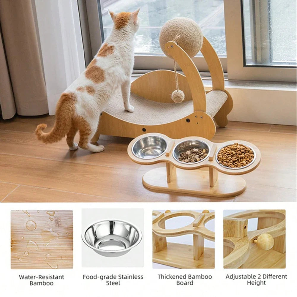 Raised Cat Feeder 3 Bowls in 1 Feeding & Watering Supplies 15° Raised Puppy 3 Stainless Steel Bowls