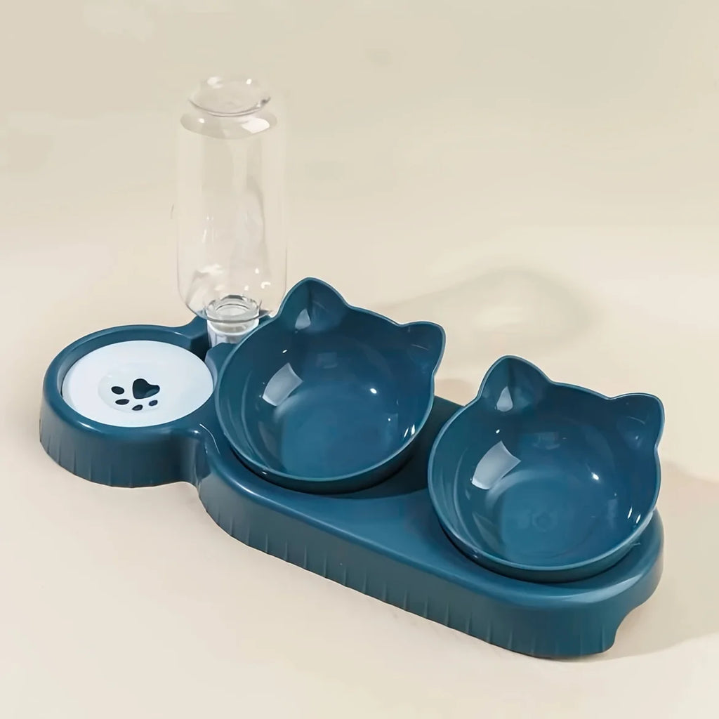 Pet Bowls With Water Feeder, 3 In 1 Ear Design Tilted Cat Water And Food Bowl Set With Gravity Water Bottle