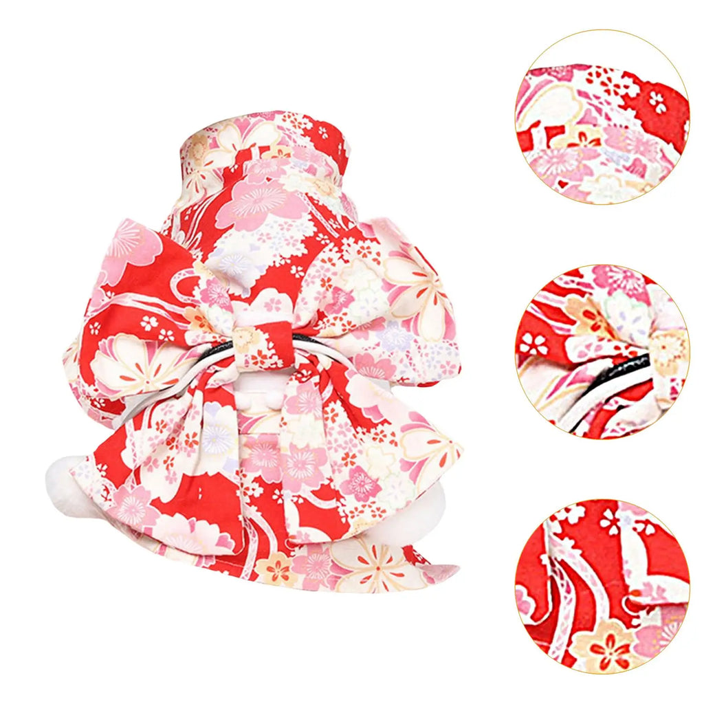 Cat Kimono Dress Autumn and Winter Cute Pet Dress Cat Costume Flower Pattern Clothes for Kitten Puppy